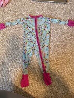 Little Sleepies 3-6 Month One-Piece Footed Zipper Pajamas - Blue with Pink Trim